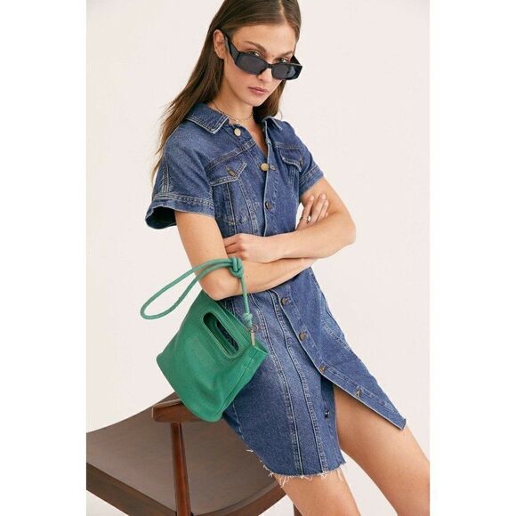 FREE PEOPLE XS DENIM CITY ASYMMETRICAL BUTTON RAW HEM MINI SHIRT DRESS BLUE - Picture 5 of 11